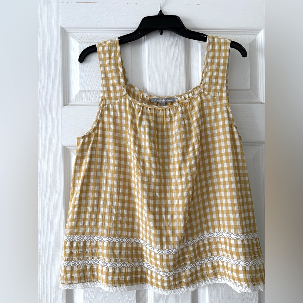 Daniel Rainn Luciana Yellow and White Gingham Square Neck Top Large NWT